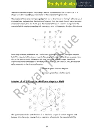 63
The magnitude of the magnetic field strength is equal to the amount of force that acts on 1c of
charge when it moves at 1m/s, perpendicular to the direction of magnetic field.
The direction of force on a moving charged particle can be determined by Fleming’s left hand rule. If
the index finger is placed along the direction of magnetic field, the middle finger is placed along the
direction of velocity, then the thumb gives the direction of force, on a positive charge inside the
magnetic field. A negative charged particle experiences force in the opposite direction of the thumb.
In the diagram above, an electron and a positron are projected horizontally, through a magnetic
field. This magnetic field is directed inwards. According to Fleming’s left hand rule, an upward force
acts on the positron, and it follows a curved path. Due to the negative charge, the electron
experiences a force to the opposite direction given by Fleming’s left hand rule. Thus, the electron
deflects opposite to the direction of positron.
Denotes magnetic field into the plane
Denotes magnetic field out of the plane
Motion of an Electron in a Uniform Magnetic Field
This figure represents the path of motion of an electron in a region of uniform magnetic field.
Because of its charge, the moving electron experience a force inside the magnetic field. The
 