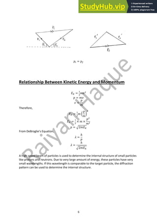 6
𝑝% = 𝑝&
Relationship Between Kinetic Energy and Momentum
𝐸' =
"
#
𝑚𝑣#
𝑝 = 𝑚𝑣
𝑣 =
𝑝
𝑚
Therefore,
𝐸' =
"
#
𝑚 A
𝑝
𝑚
B
#
𝐸' =
"
#
× 𝑚 ×
𝑝#
𝑚#
𝑝 = D2𝑚𝐸'
From DeBroglie’s Equation,
𝜆 =
ℎ
𝑝
𝜆 =
ℎ
D2𝑚𝐸'
A high speed beam of particles is used to determine the internal structure of small particles
like protons and neutrons. Due to very large amount of energy, these particles have very
small wavelengths. If this wavelength is comparable to the target particle, the diffraction
pattern can be used to determine the internal structure.
 