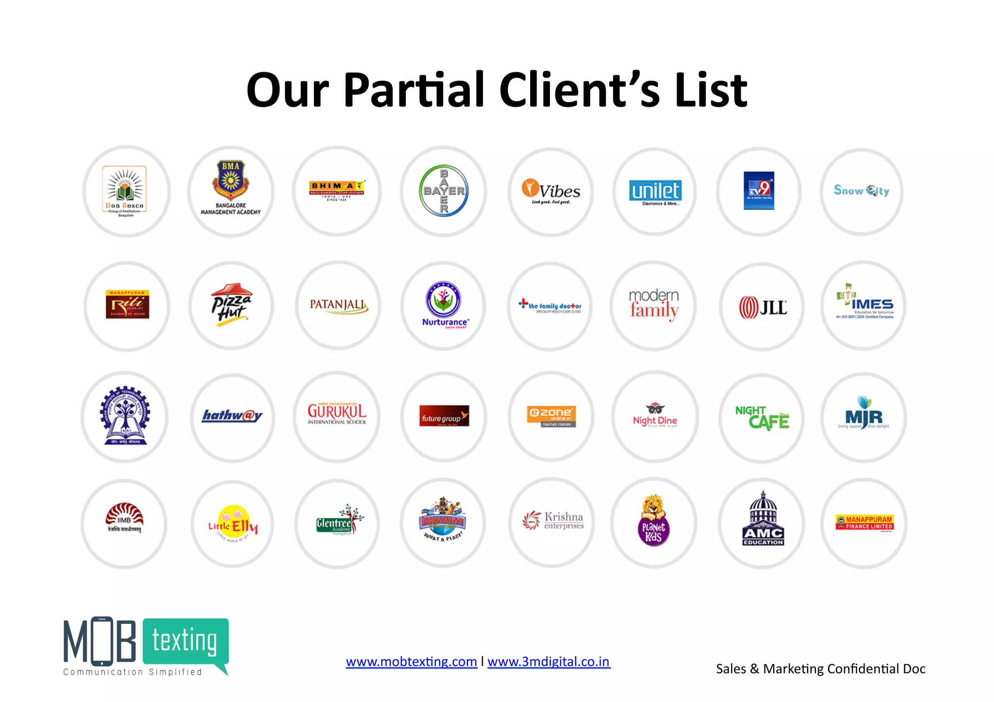 Our	
  Par<al	
  Client’s	
  List	
  
www.mobtex)ng.com	
  l	
  www.3mdigital.co.in	
  	
   Sales	
  &	
  Marke)ng	
  Conﬁden)al	
  Doc	
  
 