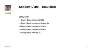 Shadow DOM – Emulated
barny-bear
- - barny-bear.component.ts
- - barny-bear.component.spec.ts
- - barny-bear.component.scss
- - barny-bear.component.html
- - barny-bear.module.ts
29 April 2017 14
 