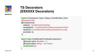 TS Decorators
(ESXXXX Decorators)
29 April 2017 27
import { Component, Input, Output, EventEmitter } from
'@angular/core';
@Component({
selector: 'conditional-formating',
templateUrl: './conditional-formating.component.html',
styleUrls: ['./conditional-formating.component.scss'],
providers: []
})
export class ConditionalFormatingComponent {
@Input() value: Number = 0;
@Input() label: String = ‘No Value';
constructor() { }
}
 