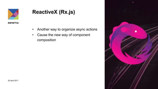 29 April 2017
ReactiveX (Rx.js)
• Another way to organize async actions
• Cause the new way of component
composition
 
