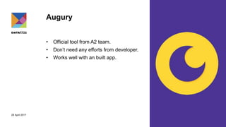 29 April 2017
Augury
• Official tool from A2 team.
• Don’t need any efforts from developer.
• Works well with an built app.
 