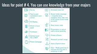 Ideas for point # 4. You can use knowledge from your majors
 