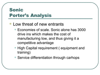 Sonic
Porter’s Analysis
 Low threat of new entrants
• Economies of scale. Sonic alone has 3000
drive ins which makes the cost of
manufacturing low, and thus giving it a
competitive advantage
• High Capital requirement ( equipment and
training)
• Service differentiation through carhops
 