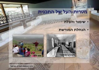 ‫מטרות-העל של התכנית‬
‫• שימור והצלה‬

‫• הנחלת המורשת‬

‫הארכיון המנדטורי‬

‫אמץ אתר‬

‫בית הכנסת העתיק בציפורי‬

 
