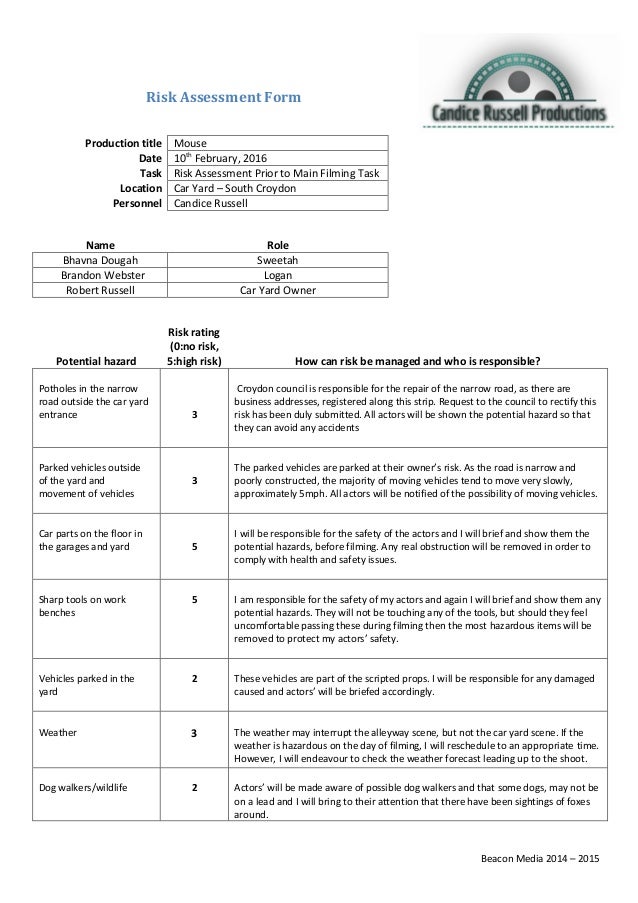 Beacon Media 2014 – 2015
Risk Assessment Form
Production title Mouse
Date 10th
February, 2016
Task Risk Assessment Prior t...