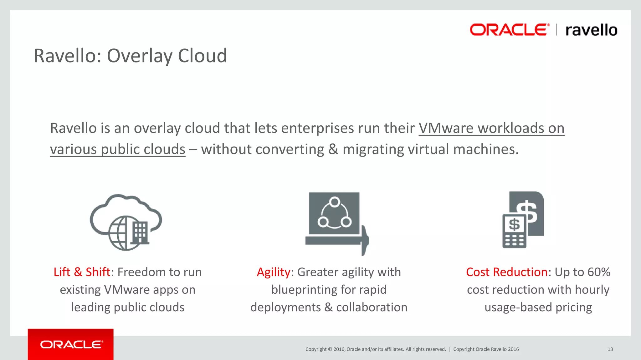 Copyright © 2016, Oracle and/or its affiliates. All rights reserved. | Copyright Oracle Ravello 2016 13
Ravello is an overlay cloud that lets enterprises run their VMware workloads on
various public clouds – without converting & migrating virtual machines.
Agility: Greater agility with
blueprinting for rapid
deployments & collaboration
Cost Reduction: Up to 60%
cost reduction with hourly
usage-based pricing
Lift & Shift: Freedom to run
existing VMware apps on
leading public clouds
Ravello: Overlay Cloud
 