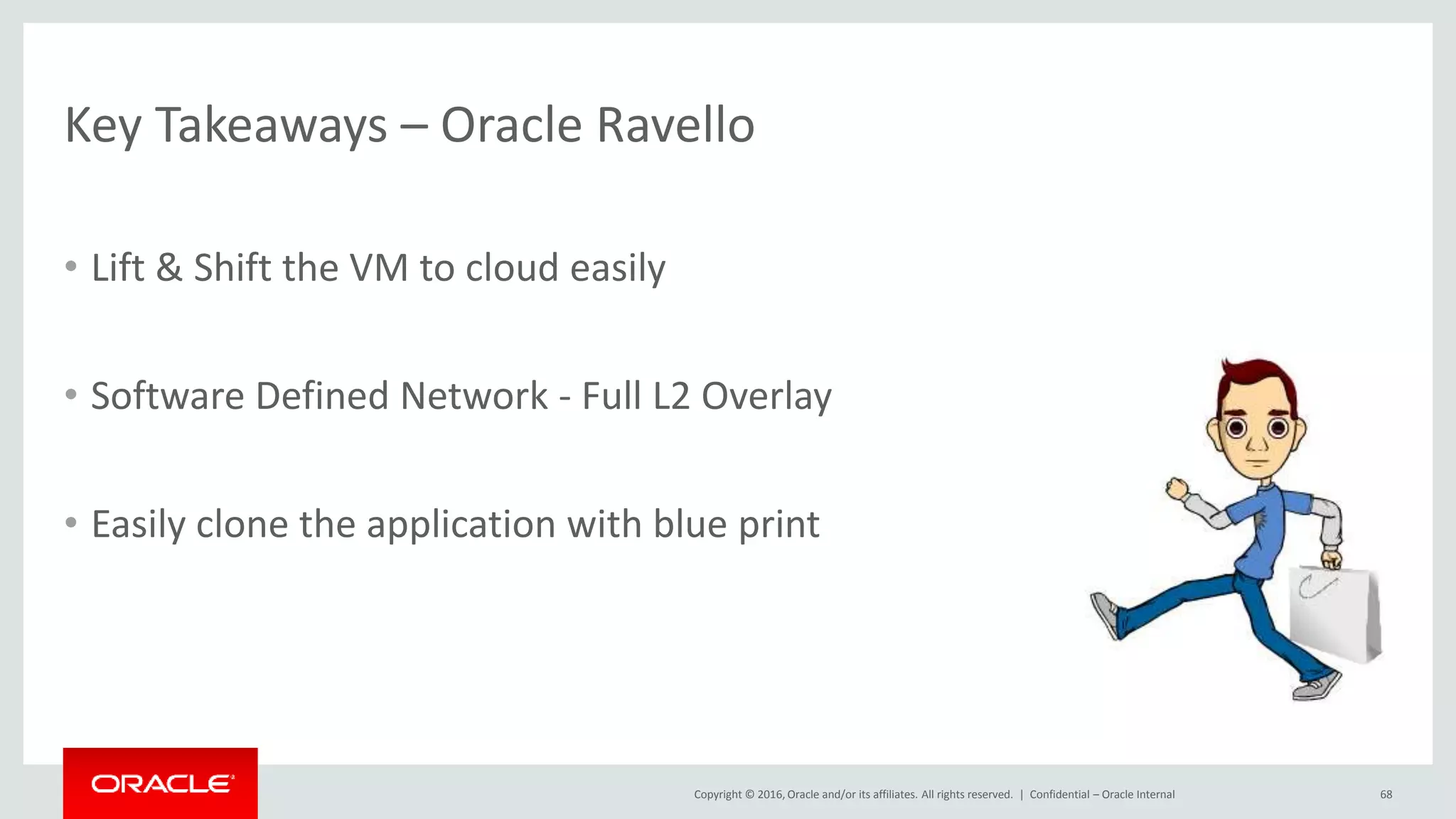 Copyright © 2016, Oracle and/or its affiliates. All rights reserved. |
Key Takeaways – Oracle Ravello
• Lift & Shift the VM to cloud easily
• Software Defined Network - Full L2 Overlay
• Easily clone the application with blue print
Confidential – Oracle Internal 68
 
