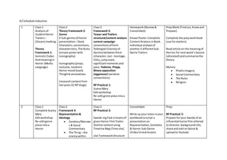 A2 Schedule Induction
1 Class1
Analysisof
studentHorror
Trailers–
(Oscars) marking
Theory
Framework 1:
SemioticCodes
Andme...
