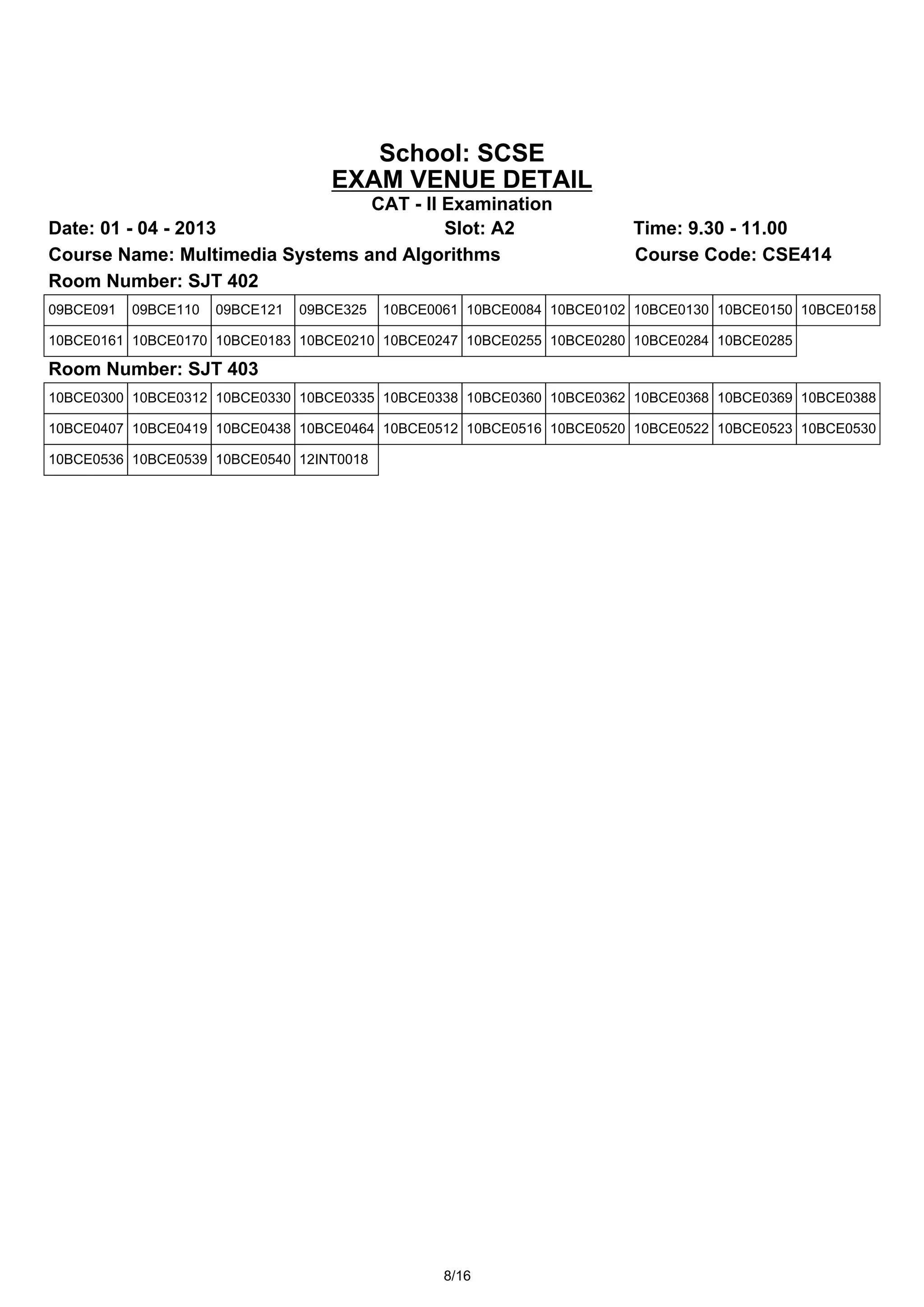 School: SCSE
                                    EXAM VENUE DETAIL
                                 CAT - II Examination
Date: 01 - 04 - 2013                      Slot: A2                       Time: 9.30 - 11.00
Course Name: Multimedia Systems and Algorithms                           Course Code: CSE414
Room Number: SJT 402
09BCE091   09BCE110   09BCE121   09BCE325   10BCE0061 10BCE0084 10BCE0102 10BCE0130 10BCE0150 10BCE0158

10BCE0161 10BCE0170 10BCE0183 10BCE0210 10BCE0247 10BCE0255 10BCE0280 10BCE0284 10BCE0285

Room Number: SJT 403
10BCE0300 10BCE0312 10BCE0330 10BCE0335 10BCE0338 10BCE0360 10BCE0362 10BCE0368 10BCE0369 10BCE0388

10BCE0407 10BCE0419 10BCE0438 10BCE0464 10BCE0512 10BCE0516 10BCE0520 10BCE0522 10BCE0523 10BCE0530

10BCE0536 10BCE0539 10BCE0540 12INT0018




                                                   8/16
 