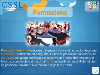 Processo educativo attraverso il quale il datore di lavoro fornisce una
formazione sufficiente ed adeguata sul tipo di produzione nonché sulla
sicurezza sul lavoro individuale e collettiva all’interno dell’ambiente di
lavoro con particolare riguardo ai rischi esistenti, ai possibili danni che
ne possono derivare e alle misure per gestire i rischi
Formazione
 