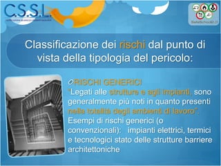 Classificazione dei rischi dal punto di
vista della tipologia del pericolo:
RISCHI GENERICI
“Legati alle strutture e agli impianti, sono
generalmente più noti in quanto presenti
nella totalità degli ambienti di lavoro”.
Esempi di rischi generici (o
convenzionali): impianti elettrici, termici
e tecnologici stato delle strutture barriere
architettoniche
 