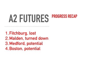 A2 FUTURES PROGRESS RECAP
1.Fitchburg, lost
2.Malden, turned down
3.Medford, potential
4.Boston, potential
 