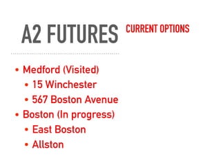 A2 FUTURES CURRENT OPTIONS
• Medford (Visited)
• 15 Winchester
• 567 Boston Avenue
• Boston (In progress)
• East Boston
• Allston
 