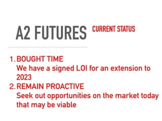 A2 FUTURES
1.BOUGHT TIME 
We have a signed LOI for an extension to
2023
2.REMAIN PROACTIVE 
Seek out opportunities on the market today
that may be viable
CURRENT STATUS
 