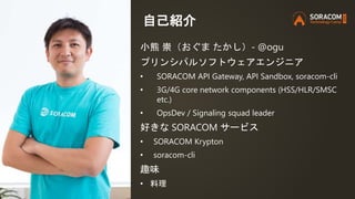 自己紹介
小熊 崇（おぐま たかし）- @ogu
プリンシパルソフトウェアエンジニア
• SORACOM API Gateway, API Sandbox, soracom-cli
• 3G/4G core network components...
