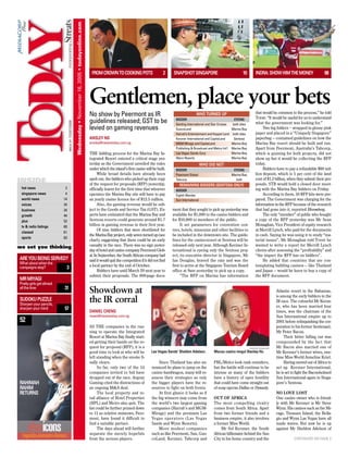 Wednesday • November 16, 2005 • todayonline.com
                               incorporating
                                                                                                           FROM CROWN TO COOKING POTS                        2    SNAPSHOT SINGAPORE                                10        INDRA: SHOW HIM THE MONEY                   68




                                                                                                          Gentlemen, place your bets                                                                                          that would be common to the process,” he told
                                                                                                          No show by Peermont as IR                                                WHO TURNED UP
                                                                                                                                                                                                                              TODAY. “It would be useful for us to understand
                                                                                                          guidelines released; GST to be                            BIDDER                                    EYEING
                                 MICA (P) 112/07/2005




                                                                                                                                                                    Genting International and Star Cruises   both sites       what the government was looking for.”
                                                                                                          levied on gaming revenues                                 GuocoLand                                Marina Bay            Two big folders – wrapped in glossy pink
                                                                                                                                                                    Harrah’s Entertainment and Keppel Land   both sites       paper and placed in a “Uniquely Singapore”
                                                                                                          ANSLEY NG                                                 Kerzner International and CapitaLand      Sentosa         paperbag — contained guidelines on how the
                                                                                                          ansley@newstoday.com.sg                                   MGM Mirage and CapitaLand                Marina Bay       Marina Bay resort should be built and run.
                                                                                                                                                                    Publishing & Broadcast and Melco Int’l   Marina Bay       Apart from Peermont, Australia’s Tabcorp,
                                                                                                          THE bidding process for the Marina Bay In-                Las Vegas Sands Corp                     Marina Bay       which is gunning for both projects, did not
                                                                                                          tegrated Resort entered a critical stage yes-             Wynn Resorts                             Marina Bay       show up but it would be collecting the RFP
                                                                                                          terday as the Government unveiled the rules                                   WHO DID NOT                           today.
                                                                                                          under which the island’s first casino will be built.      BIDDER                                    EYEING               Bidders have to pay a refundable $60 mil-
                                                                                                                While broad details have already been               Peermont Global                          Marina Bay       lion deposit, which is 5 per cent of the land
                                                                                                          spelt out, the bidders who picked up their copy                                                                     cost of $1.2 billion, when they submit their pro-
INSIDE                                                                                                    of the request for proposals (RFP) yesterday,
                                                                                                                                                                    Tabcorp
                                                                                                                                                                      REMAINING BIDDERS (SENTOSA ONLY)
                                                                                                                                                                                                               both
                                                                                                                                                                                                                              posals. STB would hold a closed door meet-
 hot news                  2                                                                              officially learnt for the first time that whoever                                                                   ing with the Marina Bay bidders on Friday.
                                                                                                                                                                    BIDDER
 singapore news            4                                                                              operates the Marina Bay site will have to pay             Eighth Wonder                                                  According to them, 50 RFP kits were pre-
 world news               14                                                                              an yearly casino licence fee of $12.5 million.            Sun International                                         pared. The Government was charging for the
 voices                   24                                                                                    Also, the gaming revenue would be sub-                                                                        information in the RFP because of the research
 business                 34                                                                              ject to the Goods and Service Tax (GST). Ex-            ment that they sought to pick up yesterday was              that had gone into it, reported Bloomberg.
 growth                   44                                                                              perts have estimated that the Marina Bay and            available for $1,000 to the casino bidders and                   The only “member” of public who bought
 plus                     52                                                                              Sentosa resorts could generate around $1.7              for $10,000 to members of the public.                       a copy of the RFP yesterday was Mr Sean
 tv & radio listings      60                                                                              billion in gaming revenue in their first year.               It set parameters for convention cen-                  Monaghan, Vice President of equity research
                                                                                                                Of nine bidders that were shortlisted for         tres, hotels, museums and other facilities to               at Merrill Lynch, who paid for the documents
 classad                  61
                                                                                                          the Marina Bay project, only seven turned up (see       be included in the downtown site. The guide-                in cash. Saying he was using it to study “ma-
 sports                   63
                                                                                                          chart), suggesting that there could be an early         lines for the casino-resort at Sentosa will be              terial issues”, Mr Monaghan told TODAY he
we set you thinking                                                                                       casualty in the race. There was no sign yester-         released only next year. Although Kerzner In-               wanted to write a report for Merrill Lynch
                                                                                                          day of hotel and casino company Peermont Glob-          ternational is eyeing only the Sentosa proj-                clients after assessing the “profitability” and
                                                                                                          al. In September, the South African company had         ect, its executive director in Singapore, Mr                “the impact the RFP has on bidders”.
ARE YOU BEING SERVED?                                                                                     said it would quit the competition if it did not find   Ian Douglas, braved the rain and was the                         He added that countries that are con-
What about when the
                                                                                                          a local partner by the end of October.                  first to arrive at the Singapore Tourism Board              templating building casinos — like Thailand
campaigns stop?            3
                                                                                                                Bidders have until March 29 next year to          office at 9am yesterday to pick up a copy.                  and Japan — would be keen to buy a copy of
                                                                                                          submit their proposals. The 800-page docu-                   “The RFP on Marina has information                     the RFP document.
MR MIYAGI
Pretty girls get slimed
all the time              31
                                                                                                          Showdown at                                                                                                                       Atlantis resort in the Bahamas,
                                                                                                                                                                                                                                            is among the early bidders in the
SUDOKU PUZZLE
Sharpen your pencils,
                                                                                                          the IR corral                                                                                                                     IR race. The colourful Mr Kerzn-
                                                                                                                                                                                                                                            er, who has been married four
sharpen your mind         57
                                                                                                          DANIEL CHENG                                                                                                                      times, was the chairman of the
                                                                                                          news@newstoday.com.sg                                                                                                             Sun International empire up to
52                                                                                                                                                                                                                                          2001 before relinquishing the cor-
                                                                                                          AS THE companies in the run-                                                                                                      poration to his former lieutenant,
                                                                                                          ning to operate the Integrated                                                                                                    Mr Peter Bacon.
                                                                                                          Resort at Marina Bay finally start-                                                                                                    Their bitter falling out was
                                                                                                          ed getting their hands on the re-                                                                                                 compounded by the fact that
                                                                                                          quest for proposal (RFP), it is a                                                                               PHOTOS FROM AFP   Mr Bacon also married one of
                                                                                                          good time to look at who will be           Las Vegas Sands’ Sheldon Adelson.         Macau casino mogul Stanley Ho.               Mr Kerzner’s former wives, one-
                                                                                                          left standing when the smoke fi-                                                                                                  time Miss World Anneline Kriel.
                                                                                                          nally clears.                                  Since Thailand has also an-           PBL/Melco look rank outsiders,                    Having moved out of Africa to
                                                                                                                So far, only two of the 14           nounced its plans to jump on the          but the battle will continue to be           set up Kerzner International,
                                                                                                          companies invited to bid have              casino bandwagon, many will re-           intense as many of the bidders               he is set to fight the Bacon-helmed
                                                                                                          dropped out of the race. Argosy            assess their strategies as only           have a history of open hostility             Sun International again in Singa-
RAHIMAH                                                                                                   Gaming cited the distractions of           the bigger players have the re-           that could have come straight out            pore’s Sentosa.
RAHIM                                                                                                     an ongoing M&A deal.                       sources to fight on both fronts.          of soap operas Dallas or Dynasty.
RETURNS                                                                                                         The local property and re-               At first glance it looks as if                                                     NO LOVE LOST
                                                                                                          tail alliance of Hotel Properties          the big winners may come from             OUT OF AFRICA                                One casino owner who is friend-
                                                                                                          (HPL) and Metro also quit. The             the world’s two largest gaming            The most compelling rivalry                  ly with Mr Kerzner is Mr Steve
                                                                                                          list could be further pruned down          companies (Harrah’s and MGM-              comes from South Africa. Apart               Wynn. His casinos such as the Mi-
                                                                                                          to 11 as relative minnows, Peer-           Mirage) and the premium Las               from two former friends and a                rage, Treasure Island, the Bella-
                                                                                                          mont, have found it difficult to           Vegas operators (Las Vegas                business empire, it also involves            gio and Wynn Las Vegas have all
                                                                                                          find a suitable partner.                   Sands and Wynn Resorts).                  a former Miss World.                         made waves. But now he is up
                                                                                                                The days ahead will further              More modest companies                      Mr Sol Kerzner, the South               against Mr Sheldon Adelson of
                                                                                                          separate the merely hopefuls               such as like Peermont, Sun, Guo-          African billionaire behind the Sun
                                                                                                          from the serious players.                  coLand, Kerzner, Tabcorp and              City in his home country and the                        CONTINUED ON PAGE 2
 