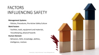 FACTORS
INFLUENCING SAFETY
Management Systems
- Policies, Procedures, Pro-Active Safety Culture
Work Factors
- Facilities, tools, equipment and materials,
housekeeping, physical hazards
Human Element
- Behaviors, Skills, knowledge, abilities,
intelligence, motives
Prepared By | Safety Professional | www.safetygoodwe.com 7
 