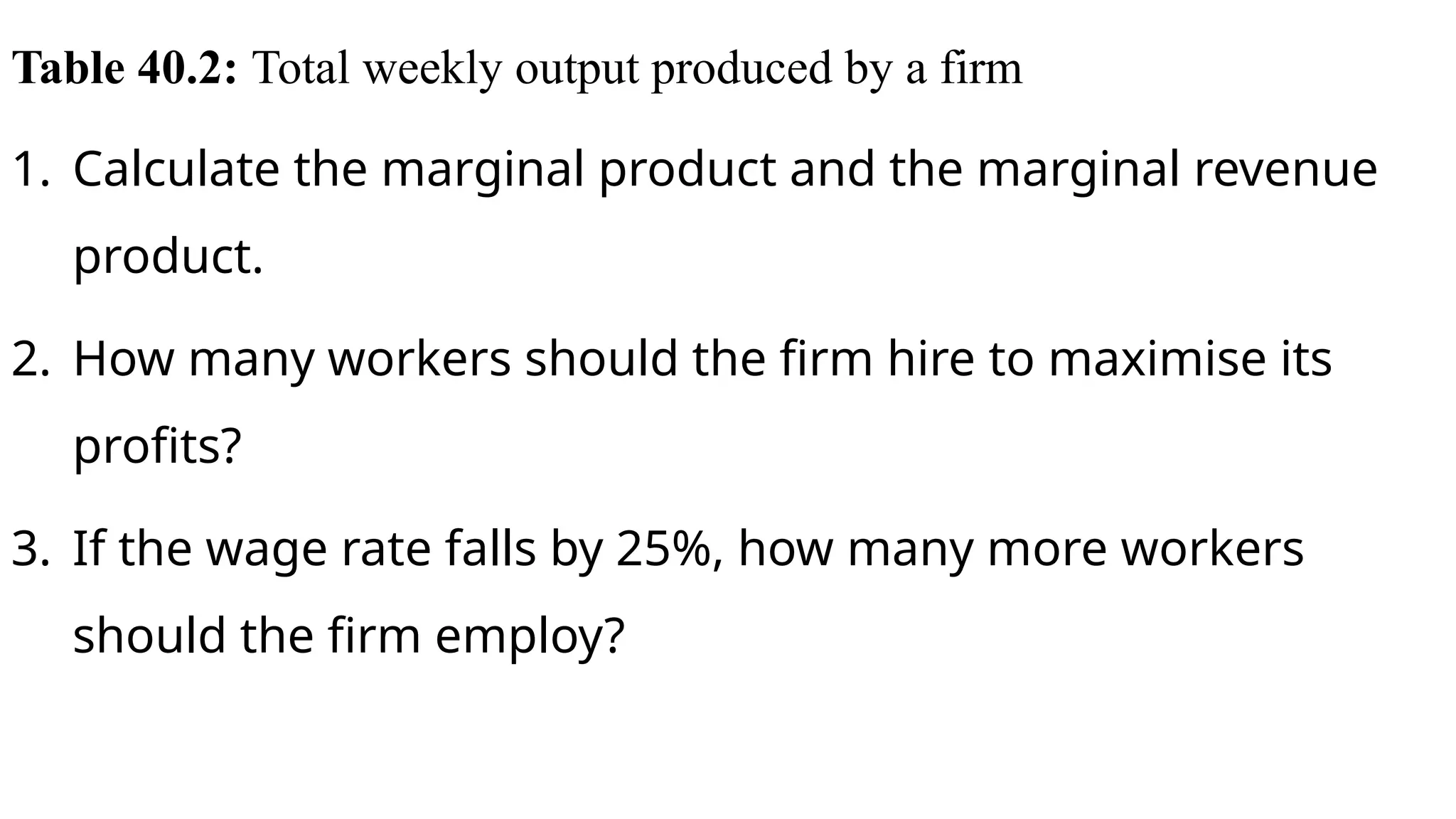 Table 40.2: Total weekly output produced by a firm
1. Calculate the marginal product and the marginal revenue
product.
2. How many workers should the firm hire to maximise its
profits?
3. If the wage rate falls by 25%, how many more workers
should the firm employ?
 