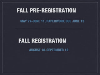 FALL PRE-REGISTRATION
MAY 27-JUNE 11, PAPERWORK DUE JUNE 13
FALL REGISTRATION
AUGUST 18-SEPTEMBER 12
 