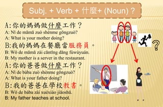 A:你的媽媽做什麼工作？
A: Nǐ de māmā zuò shénme gōngzuò?
A: What is your mother doing?
B:我的媽媽在餐廳當服務員。
B: Wǒ de māmā zài cāntīng dāng fúwùyuán.
B: My mother is a server in the restaurant.
A:你的爸爸做什麼工作？
A: Nǐ de bàba zuò shénme gōngzuò?
A: What is your father doing?
B:我的爸爸在學校教書。
B: Wǒ de bàba zài xuéxiào jiāoshū.
B: My father teaches at school.
Subj. + Verb + 什麼+ (Noun) ?
 