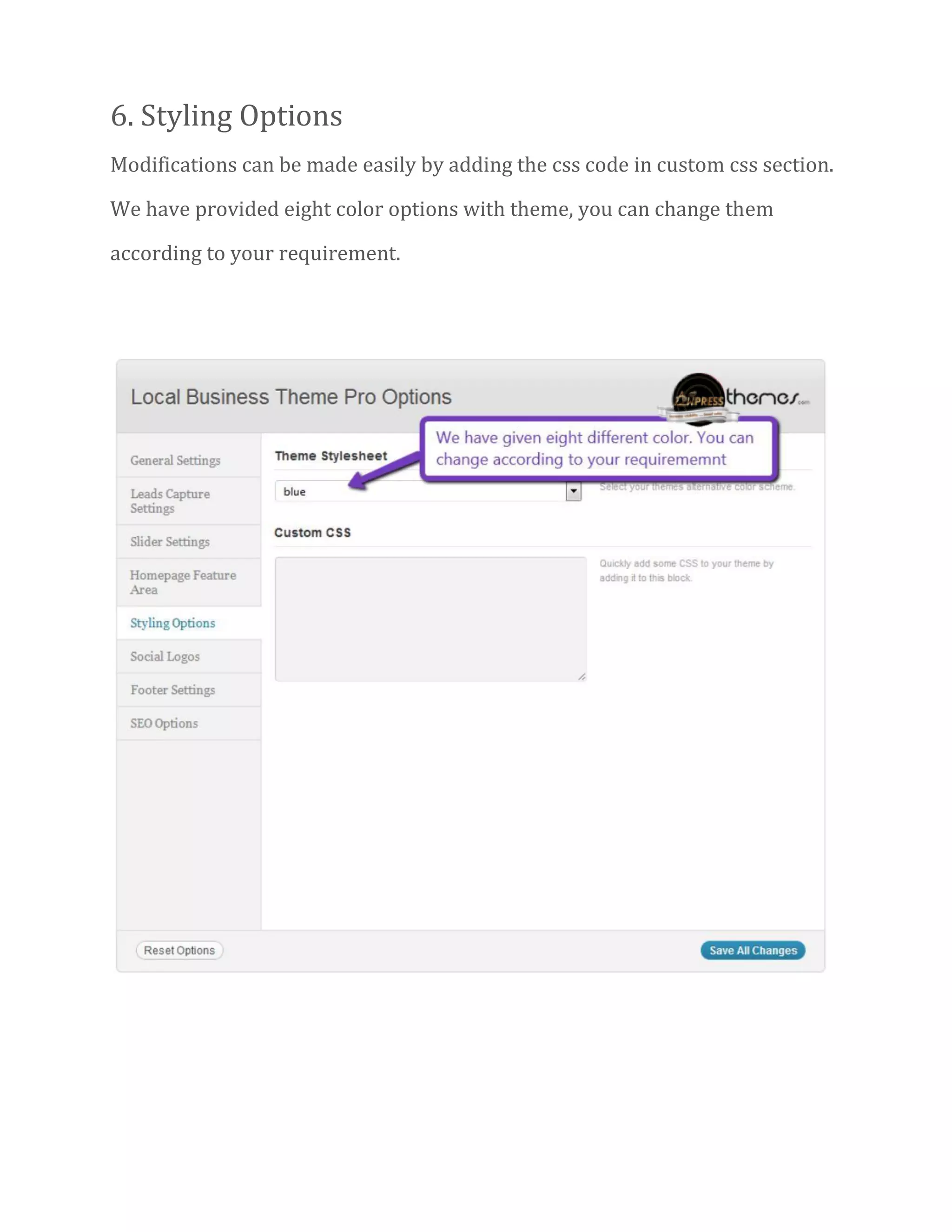 6. Styling Options
Modifications can be made easily by adding the css code in custom css section.
We have provided eight color options with theme, you can change them
according to your requirement.
 