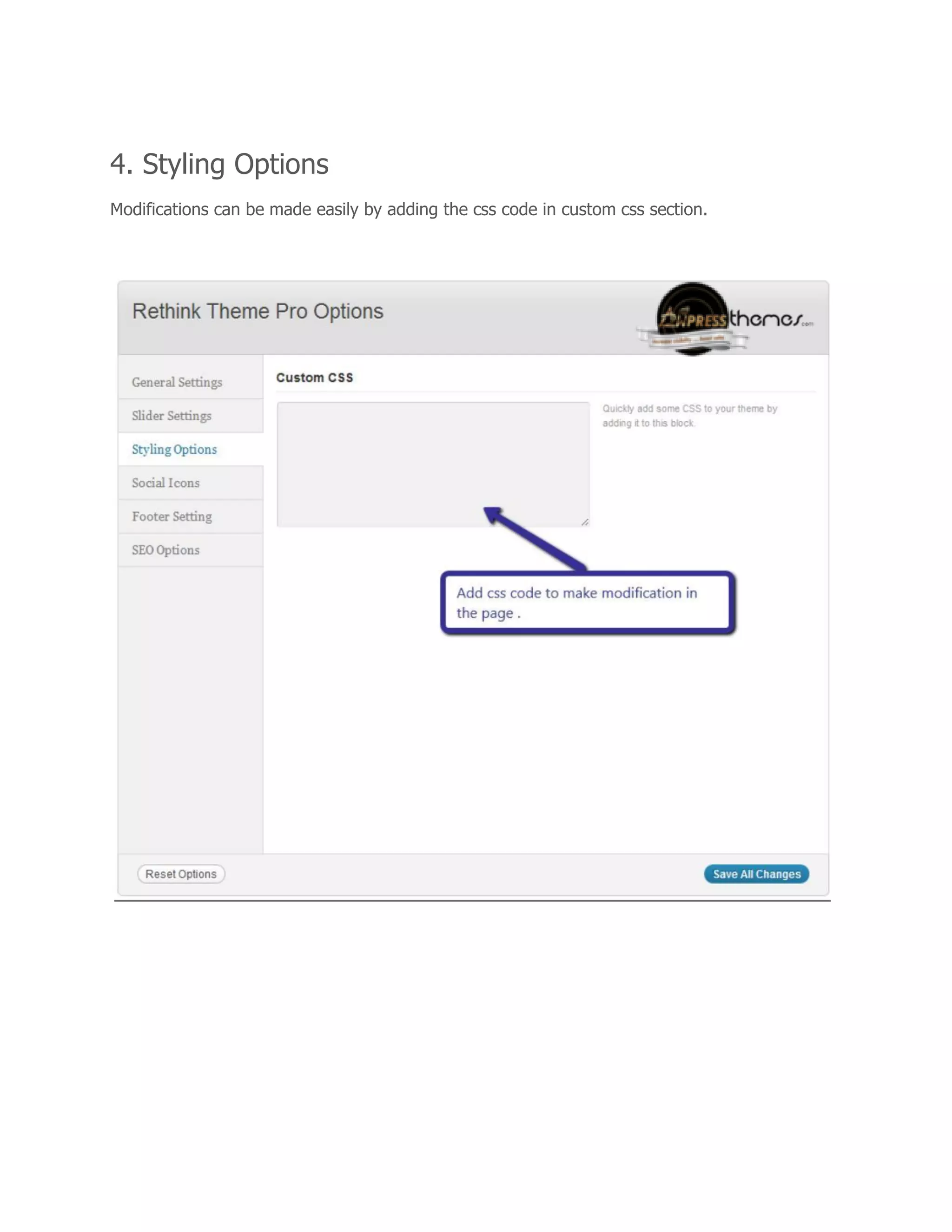 4. Styling Options
Modifications can be made easily by adding the css code in custom css section.
 