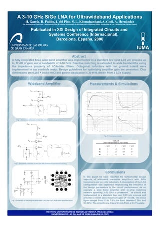 A 3-10 GHz SiGe LNA for Ultrawideband Applications
                   H. García, R. Pulido, J. del Pino, S. L. Khemchandani, A. Goñi, A. Hernández
                                                                                              	

                Dto. de Ingeniería Electrónica y Automática (DIEA) & Instituto Universitario de Microelectrónica Aplicada (IUMA). Universidad de Las Palmas de Gran Canaria (Spain)



                           Publicated in XXI Design of Integrated Circuits and
                                    Systems Conference (Internacional),
                                        Barcelona, España, 2006



                                                                                      Abstract
A fully-integrated SiGe wide band amplifier was implemented in a standard low cost 0.35 µm process up
to 12 dB of gain and a bandwidth of 3-10 GHz. Reactive matching is extended to wide bandwidths using
the impedance property of LC-ladder filters. Octagonal inductors with no ground shield were
implemented in top available metal. Design guidelines for optimizing amplifier gain are presented. Chip
dimensions are 0.665 × 0.665 mm2 and power dissipation is 39 mW, drawn from a 3.3V supply.



                       Wideband Amplifier                                                                      Measurements & Simulations




       Fig. 1. Simplified schematic of the LNA with inductive degeneration.




                                                                                                                                    Fig. 7. Post layout results.




                                             0




    Fig. 2. Simplified schematic of the LNA with wideband impedance matching.




                                                                                                                                      Conclusions
                                                                                                      In this paper we have reported the fundamental design
                                                                                                      aspects of wideband low-noise amplifiers with SiGe
                                                                                                      transistors and on chip inductors. A description of the LNA
                                                                                                      configuration was explained emphasizing the influence of
                                                                                                      the design parameters in the circuit performance. As an
                                                                                                      example a wide band amplifier with on-chip matching
                                                                                                      network spanning 3–10 GHz is presented. The circuit was
                                                                                                      implemented in a standard low cost 0.35 µm process and
                                                                                                      provides a worst case maximum gain of 11.6 dB. The noise
Fig. 3. Schematic of the designed wide-band LNA. and Fig. 6. Wide band amplifier layout.              figure ranges from 3.5 to 7.5 in the band between 2 GHz and
                                                                                                      8.5 GHz. The circuit core draws 5.3 mA from a 3.3-V supply.



                                                 INSTITUTO UNIVERSITARIO DE MICROELECTRÓNICA APLICADA (IUMA)
                                                      UNIVERSIDAD DE LAS PALMAS DE GRAN CANARIA (ULPGC)
 