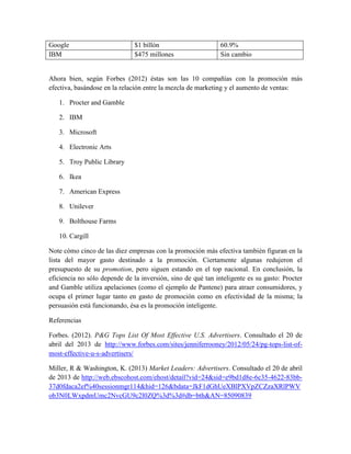 Google $1 billón 60.9%
IBM $475 millones Sin cambio
Ahora bien, según Forbes (2012) éstas son las 10 compañías con la promoción más
efectiva, basándose en la relación entre la mezcla de marketing y el aumento de ventas:
1. Procter and Gamble
2. IBM
3. Microsoft
4. Electronic Arts
5. Troy Public Library
6. Ikea
7. American Express
8. Unilever
9. Bolthouse Farms
10. Cargill
Note cómo cinco de las diez empresas con la promoción más efectiva también figuran en la
lista del mayor gasto destinado a la promoción. Ciertamente algunas redujeron el
presupuesto de su promotion, pero siguen estando en el top nacional. En conclusión, la
eficiencia no sólo depende de la inversión, sino de qué tan inteligente es su gasto: Procter
and Gamble utiliza apelaciones (como el ejemplo de Pantene) para atraer consumidores, y
ocupa el primer lugar tanto en gasto de promoción como en efectividad de la misma; la
persuasión está funcionando, ésa es la promoción inteligente.
Referencias
Forbes. (2012). P&G Tops List Of Most Effective U.S. Advertisers. Consultado el 20 de
abril del 2013 de http://www.forbes.com/sites/jenniferrooney/2012/05/24/pg-tops-list-of-
most-effective-u-s-advertisers/
Miller, R & Washington, K. (2013) Market Leaders: Advertisers. Consultado el 20 de abril
de 2013 de http://web.ebscohost.com/ehost/detail?vid=24&sid=e9bd1d8e-6c35-4622-83bb-
37d0fdaca2ef%40sessionmgr114&hid=126&bdata=JkF1dGhUeXBlPXVpZCZzaXRlPWV
ob3N0LWxpdmUmc2NvcGU9c2l0ZQ%3d%3d#db=bth&AN=85090839
 