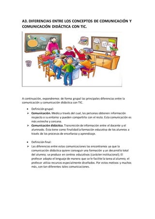 A3. DIFERENCIAS ENTRE LOS CONCEPTOS DE COMUNICACIÓN Y
COMUNICACIÓN DIDÁCTICA CON TIC.
A continuación, expondremos de forma grupal las principales diferencias entre la
comunicación y comunicación didáctica con TIC.
 Definición grupal:
 Comunicación. Medio a través del cual, las personas obtienen información
respecto a su entorno y pueden compartirla con el resto. Esta comunicación es
más estrecha y cercana.
 Comunicación didáctica. Transmisión de información entre el docente y el
alumnado. Ésta tiene como finalidad la formación educativa de los alumnos a
través de los procesos de enseñanza y aprendizaje.
 Definición final:
 Las diferencias entre estas comunicaciones las encontramos ya que la
comunicación didáctica quiere conseguir una formación y un desarrollo total
del alumno; se produce en centros educativos (carácter institucional); El
profesor adapta el lenguaje de manera que se le facilite la tarea al alumno; el
profesor utiliza recursos especialmente diseñados. Por estos motivos y muchos
más, son tan diferentes tales comunicaciones.
 