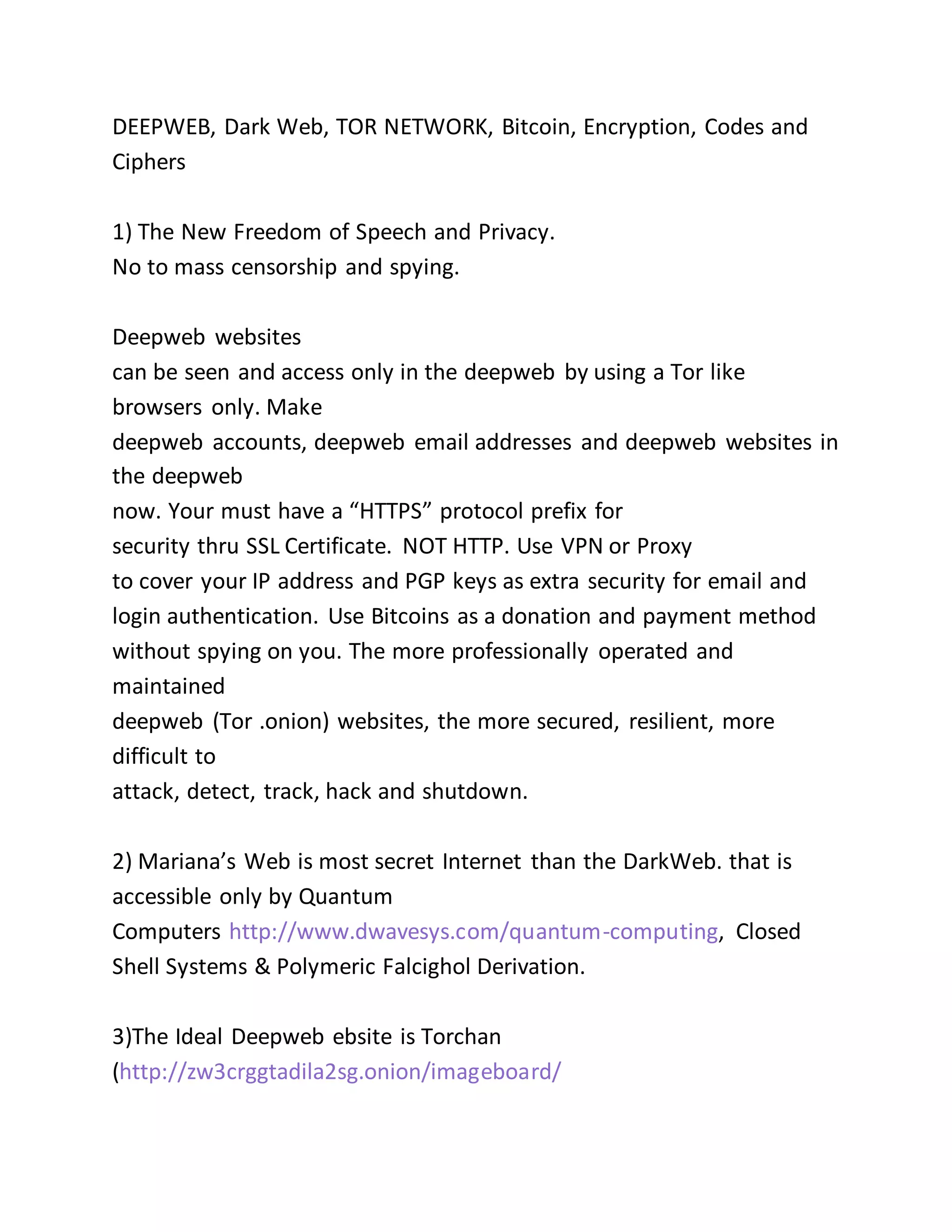 DEEPWEB, Dark Web, TOR NETWORK, Bitcoin, Encryption, Codes and Ciphers 1)  The New Freedom of Speech an | DOCX