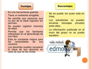 o Es una herramienta gratuita.
o Tiene un ambiente amigable.
o No permite que personas que
no son de la clase ingresen sin
permiso.
o Se pueden registrar menores
de edad.
o Permite que los familiares
interactúen en el aprendizaje de
sus hijos.
o Esta en constante mejora para
las necesidades de sus
usuarios.
o Los docentes pueden recuperar
la clave de sus alumnos en
caso de que se les olvide.
o No se puede ver quien está en
línea.
o Los estudiantes no pueden
enviarse mensajes privados
entre ellos.
o La información publicada en el
muro del grupo no se puede
transferir.
Ventajas Desventajas
 