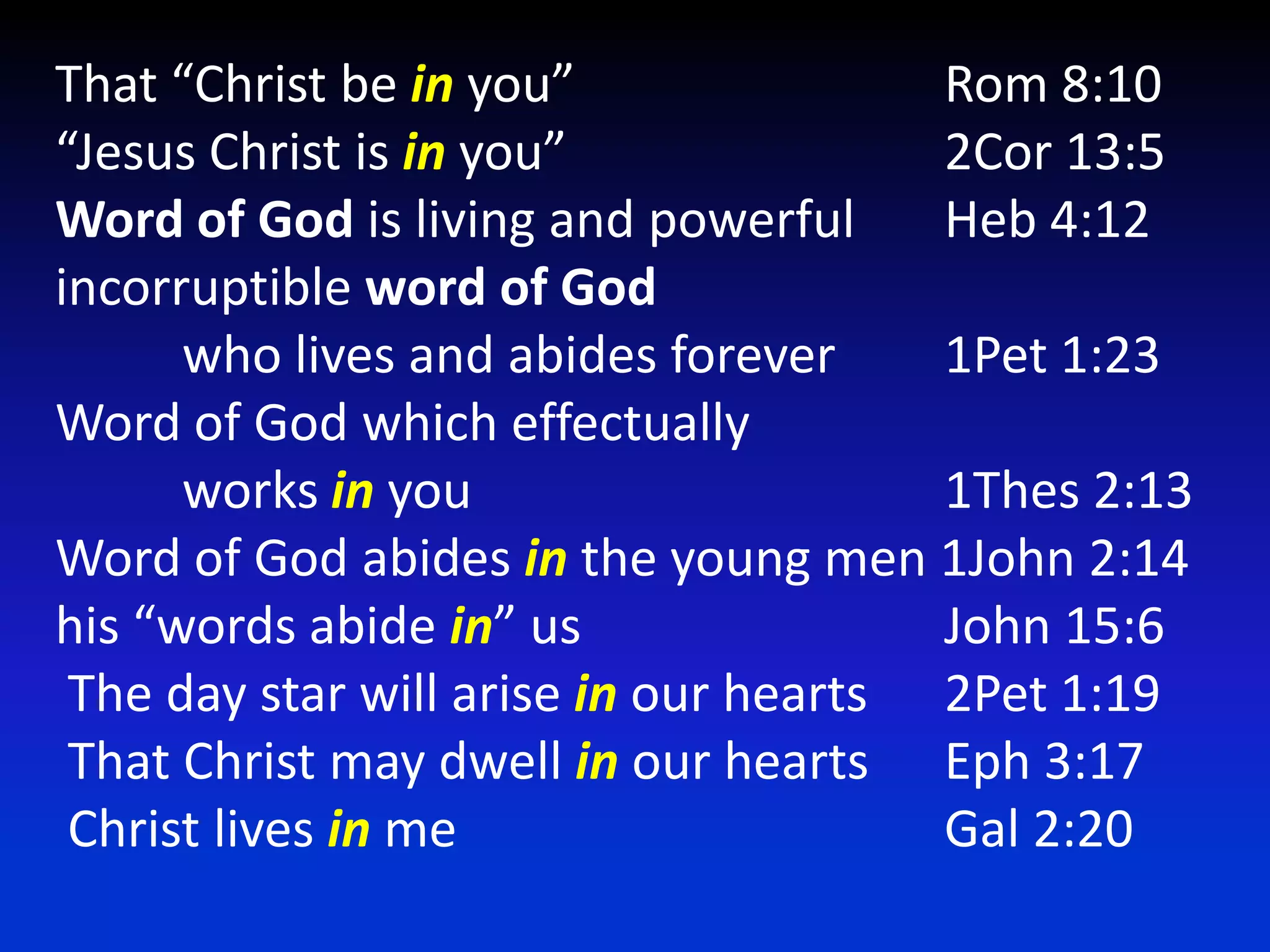 That “Christ be in you”			Rom 8:10“Jesus Christ is in you”			2Cor 13:5Word of God is living and powerful 	Heb 4:12incorruptible word of God 	who lives and abides forever 	1Pet 1:23Word of God which effectually 	works in you 				1Thes 2:13Word of God abides in the young men 1John 2:14his “words abide in” us			John 15:6 The day star will arise in our hearts 	2Pet 1:19 That Christ may dwell in our hearts 	Eph 3:17 Christ lives in me				Gal 2:20
