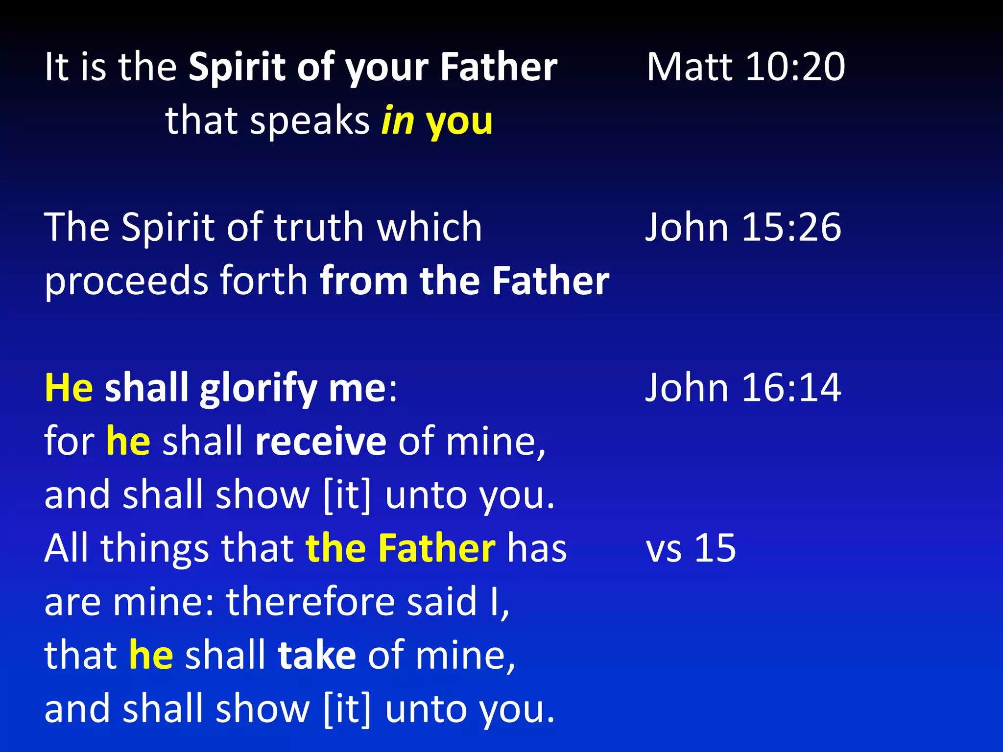 It is the Spirit of your Father 	Matt 10:20            that speaks in youThe Spirit of truth which		John 15:26proceeds forth from the FatherHe shall glorify me: 			John 16:14for he shall receive of mine, and shall show [it] unto you.  All things that the Father has 	vs 15are mine: therefore said I, that he shall take of mine, and shall show [it] unto you. 