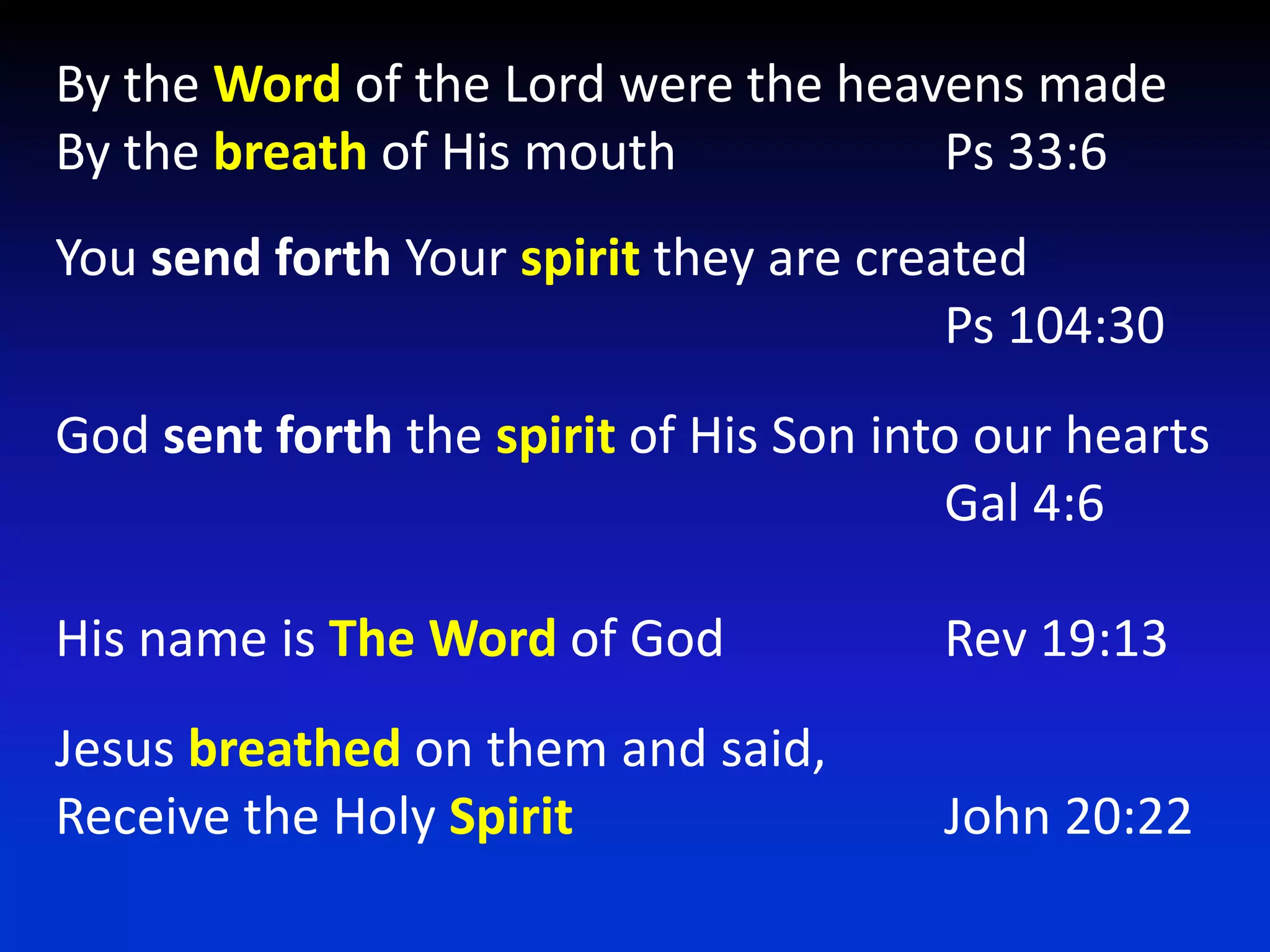 By the Word of the Lord were the heavens madeBy the breath of His mouth			Ps 33:6You send forth Your spirit they are created 							Ps 104:30God sent forth the spirit of His Son into our hearts							Gal 4:6His name is The Word of God		Rev 19:13Jesus breathed on them and said, Receive the Holy Spirit			John 20:22