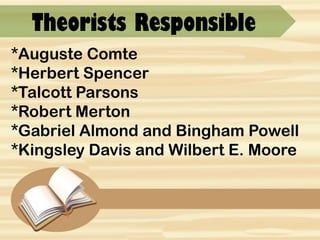 Theorists Responsible
*Auguste Comte
*Herbert Spencer
*Talcott Parsons
*Robert Merton
*Gabriel Almond and Bingham Powell
*Kingsley Davis and Wilbert E. Moore
 
