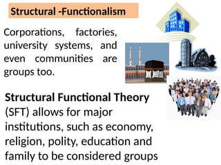 Structural -Functionalism
Corporations, factories,
university systems, and
even communities are
groups too.
Structural Functional Theory
(SFT) allows for major
institutions, such as economy,
religion, polity, education and
family to be considered groups
 