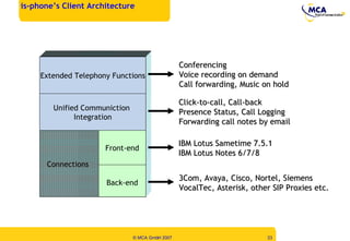 Unified Communiction  Integration Telephony Functionality Front-end Connections Back-end Click-to-call, Call-back Presence Status, Call Logging Forwarding call notes by email Conferencing Voice recording on demand Call forwarding, Music on hold 3Com, Avaya, Cisco, Nortel, Siemens VocalTec, Asterisk, other SIP Proxies etc. IBM Lotus Sametime 7.5.1 IBM Lotus Notes 6/7/8 Extended Telephony Functions is-phone’s Client Architecture  