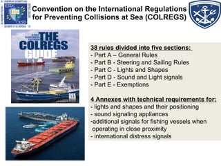Convention on the International Regulations
for Preventing Collisions at Sea (COLREGS)
38 rules divided into five sections:
- Part A – General Rules
- Part B - Steering and Sailing Rules
- Part C - Lights and Shapes
- Part D - Sound and Light signals
- Part E - Exemptions
4 Annexes with technical requirements for:
- lights and shapes and their positioning
- sound signaling appliances
-additional signals for fishing vessels when
operating in close proximity
- international distress signals
 