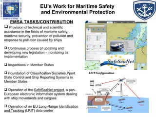 EU’s Work for Maritime Safety
and Environmental Protection
EMSA TASKS/CONTRIBUTION
 Provision of technical and scientific
assistance in the fields of maritime safety,
maritime security, prevention of pollution and
response to pollution caused by ships
 Continuous process of updating and
developing new legislation - monitoring its
implementation
 Inspections in Member States
 Foundation of Classification Societies,Pport
State Control and Ship Reporting Systems in
Member States
 Operation of the SafeSeaNet project, a pan-
European electronic information system dealing
with ship movements and cargoes
 Operation of an EU Long-Range Identification
and Tracking (LRIT) data centre
 