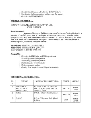  Routine maintenance activates the 250KW WTG’S
 Monitoring daily production and prepare the report
 Operator in 250KW WTG’S
Previous job Details : 2
COMPANY NAME: M/s. SUNDRAM CLAYTON LTD.
(PADI, CHENNAI)
About company:
Sundaram-Clayton, a TVS Group company Sundaram-Clayton Limited is a
member of the TVS group, one of the largest automotive components manufacturing
groups in India, with total sales revenue of more than $ 2.5 billion. The group has been
able to achieve this pre-eminence through its commitment to the cherished values of
promoting trust, value and customer service
Destination: TECHNICIAN APPRENTICE
Department: PROTECTION & QAULITY
Experience: 08-06-2005 TO 07-06-2006
Job profile:
 Operator in CNC lathe and Milling machine
 Incoming materials inspection
 Monitoring process inspection
 Monitoring the raw materials
 On time documentation
 Quality final inspection and dispatch clearance
EDUCATIONAL QUALIFICATION:
Sl.N
o.
COURSE NAME OF THE INSTITUTION PERIOD GRADE
1 DIPLOMA IN
MECHANICAL
ENGINEERING
SANKAR POLYTECHNIC OF
COLLEGE, SANKARNAGAR,
TIRUNELVELI
2003 - 05
FIRST
CLASS
2 Hr.Sec, GOVT. Hr.Sec. School, Kalakad
2001 – 03
FIRST
CLASS
3 S.S.L.C. K.A.M.P. Meerania High School,
Kalakad 2001
FIRST
CLASS
 