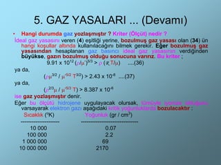5. GAZ YASALARI ... (Devamı)
• Hangi durumda gaz yozlaşmıştır ? Kriter (Ölçüt) nedir ?
 İdeal gaz yasasını veren (4) eşitliği yerine, bozulmuş gaz yasası olan (34) ün
    hangi koşullar altında kullanılacağını bilmek gerekir. Eğer bozulmuş gaz
    yasasından hesaplanan gaz basıncı ideal gaz yasasının verdiğinden
    büyükse, gazın bozulmuş olduğu sonucuna varırız. Bu kriter ;
                  9.91 x 1012 (ρ/µ’)5/3 > ρ (R T/µ) ....(36)
 ya da,
                (ρµ3/2 / µ’5/2 T3/2) > 2.43 x 10-8 ....(37)
 ya da,
                (ρ2/3µ / µ’5/3 T) > 8.387 x 10-6
 ise gaz yozlaşmıştır denir.
 Eğer bu ölçütü hidrojene uygulayacak olursak, tümüyle iyonize olduğunu
    varsayarak elektron gazı aşağıdaki kritik yoğunluklarda bozulacaktır :
      Sıcaklık (oK)                  Yoğunluk (gr / cm3)
    ---------------------          -------------------------------
         10 000                                 0.07
       100 000                                  2.2
     1 000 000                                 69
   10 000 000                              2170
 