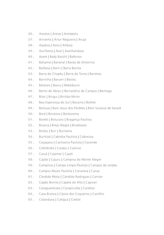36 |		Arealva | Areias | Areiópolis
37 |		Ariranha | Artur Nogueira | Arujá
38 |		Aspásia | Assis | Atibaia
39 |		Auriflama | Avaí | Avanhandava
40 |		Avaré | Bady Bassitt | Balbinos
41 |		 Bálsamo | Bananal | Barão de Antonina
42 |		 Barbosa | Bariri | Barra Bonita
43 |		 Barra do Chapéu | Barra do Turvo | Barretos
44 |		 Barrinha | Barueri | Bastos
45 |		 Batatais | Bauru | Bebedouro
46 |		 Bento de Abreu | Bernardino de Campos | Bertioga
47 |		 Bilac | Birigui | Biritiba Mirim
48 |		 Boa Esperança do Sul | Bocaina | Bofete
49 |		 Boituva | Bom Jesus dos Perdões | Bom Sucesso de Itararé
50 |		 Borá | Boraceia | Borborema
51 |		 Borebi | Botucatu | Bragança Paulista
52 |		 Braúna | Brejo Alegre | Brodowski
53 |		 Brotas | Buri | Buritama
54 |		 Buritizal | Cabrália Paulista | Cabreúva
55 |		 Caçapava | Cachoeira Paulista | Caconde
56 |		 Cafelândia | Caiabu | Caieiras
57 |		 Caiuá | Cajamar | Cajati
58 |		 Cajobi | Cajuru | Campina do Monte Alegre
59 |		 Campinas | Campo Limpo Paulista | Campos do Jordão
60 |		 Campos Novos Paulista | Cananeia | Canas
61 |		 Cândido Mota | Cândido Rodrigues | Canitar
62 |		 Capão Bonito | Capela do Alto | Capivari
63 |		 Caraguatatuba | Carapicuíba | Cardoso
64 |		 Casa Branca | Cássia dos Coqueiros | Castilho
65 |		 Catanduva | Catiguá | Cedral
 