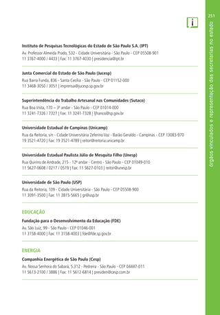 251
Instituto de Pesquisas Tecnológicas do Estado de São Paulo S.A. (IPT)
Av. Professor Almeida Prado, 532 - Cidade Universitária - São Paulo - CEP 05508-901
11 3767-4000 / 4433 | Fax: 11 3767-4030 | presidencia@ipt.br
Junta Comercial do Estado de São Paulo (Jucesp)
Rua Barra Funda, 836 - Santa Cecília - São Paulo - CEP 01152-000
11 3468-3050 / 3051 | imprensa@jucesp.sp.gov.br
Superintendência do Trabalho Artesanal nas Comunidades (Sutaco)
Rua Boa Vista, 170 – 30
andar - São Paulo - CEP 01014-000
11 3241-7326 / 7327 | Fax: 11 3241-7328 | ljfranco@sp.gov.br
Universidade Estadual de Campinas (Unicamp)
Rua da Reitoria, s/n - Cidade Universitária Zeferino Vaz - Barão Geraldo - Campinas - CEP 13083-970
19 3521-4720 | Fax: 19 3521-4789 | reitor@reitoria.unicamp.br
Universidade Estadual Paulista Júlio de Mesquita Filho (Unesp)
Rua Quirino de Andrade, 215 - 12º andar - Centro - São Paulo - CEP 01049-010
11 5627-0608 / 0217 / 0519 | Fax: 11 5627-0103 | reitor@unesp.br
Universidade de São Paulo (USP)
Rua da Reitoria, 109 - Cidade Universitária - São Paulo - CEP 05508-900
11 3091-3500 | Fax: 11 3815-5665 | gr@usp.br
EDUCAÇÃO
Fundação para o Desenvolvimento da Educação (FDE)
Av. São Luiz, 99 - São Paulo - CEP 01046-001
11 3158-4000 | Fax: 11 3158-4003 | fde@fde.sp.gov.br
ENERGIA
Companhia Energética de São Paulo (Cesp)
Av. Nossa Senhora do Sabará, 5.312 - Pedreira - São Paulo - CEP 04447-011
11 5613-2100 / 3886 | Fax: 11 5612-6814 | presiden@cesp.com.br
 