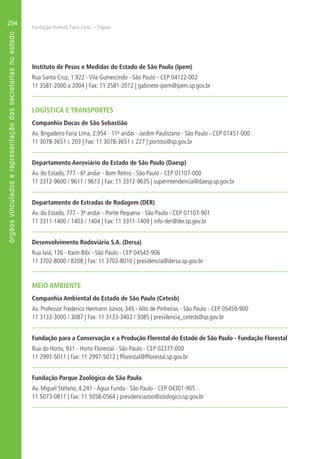 Fundação Prefeito Faria Lima – Cepam
254
Instituto de Pesos e Medidas do Estado de São Paulo (Ipem)
Rua Santa Cruz, 1.922 - Vila Gumercindo - São Paulo - CEP 04122-002
11 3581-2000 a 2004 | Fax: 11 3581-2012 | gabinete-ipem@ipem.sp.gov.br
LOGÍSTICA E TRANSPORTES
Companhia Docas de São Sebastião
Av. Brigadeiro Faria Lima, 2.954 - 11º andar - Jardim Paulistano - São Paulo - CEP 01451-000
11 3078-3651 r. 203 | Fax: 11 3078-3651 r. 227 | portoss@sp.gov.br
Departamento Aeroviário do Estado de São Paulo (Daesp)
Av. do Estado, 777 - 6º andar - Bom Retiro - São Paulo - CEP 01107-000
11 3312-9600 / 9611 / 9612 | Fax: 11 3312-9635 | superintendencia@daesp.sp.gov.br
Departamento de Estradas de Rodagem (DER)
Av. do Estado, 777 - 3º andar - Ponte Pequena - São Paulo - CEP 01107-901
11 3311-1400 / 1403 / 1404 | Fax: 11 3311-1409 | info-der@der.sp.gov.br
Desenvolvimento Rodoviário S.A. (Dersa)
Rua Iaiá, 126 - Itaim Bibi - São Paulo - CEP 04542-906
11 3702-8000 / 8208 | Fax: 11 3702-8010 | presidencia@dersa.sp.gov.br
MEIO AMBIENTE
Companhia Ambiental do Estado de São Paulo (Cetesb)
Av. Professor Frederico Hermann Júnior, 345 - Alto de Pinheiros - São Paulo - CEP 05459-900
11 3133-3000 / 3087 | Fax: 11 3133-3402 / 3085 | presidencia_cetesb@sp.gov.br
Fundação para a Conservação e a Produção Florestal do Estado de São Paulo - Fundação Florestal
Rua do Horto, 931 - Horto Florestal - São Paulo - CEP 02377-000
11 2997-5011 | Fax: 11 2997-5012 | fflorestal@fflorestal.sp.gov.br
Fundação Parque Zoológico de São Paulo
Av. Miguel Stéfano, 4.241 - Água Funda - São Paulo - CEP 04301-905
11 5073-0811 | Fax: 11 5058-0564 | presidenciazoo@zoologico.sp.gov.br
 