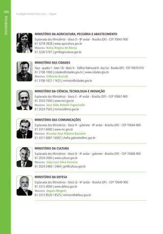 Fundação Prefeito Faria Lima – Cepam
260
MINISTÉRIO DA AGRICULTURA, PECUÁRIA E ABASTECIMENTO
Esplanada dos Ministérios - bloco D - 8º andar - Brasília (DF) - CEP 70043-900
61 3218-2828 | www.agricultura.gov.br
Ministra Kátia Regina de Abreu
61 3226-5161 | gm@agricultura.gov.br
MINISTÉRIO DAS CIDADES
Saus - quadra 1 - lotes 1/6 - bloco H - EdifícioTelemundi II -Asa Sul - Brasília (DF) - CEP 70070-010
61 2108-1000 | cidades@cidades.gov.br | www.cidades.gov.br
Ministro Gilberto Kassab
61 2108-1621 / 1625 | ministro@cidades.gov.br
MINISTÉRIO DA CIÊNCIA, TECNOLOGIA E INOVAÇÃO
Esplanada dos Ministérios - bloco E - 4º andar - Brasília (DF) - CEP 70067-900
61 2033-7500 | www.mct.gov.br
Ministro José Aldo Rebelo Figueiredo
61 2033-7505 | ministro@mct.gov.br
MINISTÉRIO DAS COMUNICAÇÕES
Esplanada dos Ministérios - bloco R - gabinete - 8º andar - Brasília (DF) - CEP 70044-900
61 3311-6000 | www.mc.gov.br
Ministro Ricardo José Ribeiro Berzoini
61 3311-6067 / 6092 | chefia.gabinete@mc.gov.br
MINISTÉRIO DA CULTURA
Esplanada dos Ministérios - bloco B - 4º andar - gabinete - Brasília (DF) - CEP 70068-900
61 2024-2000 | www.cultura.gov.br
Ministro João Luiz Silva Ferreira
61 2024-2460 / 2464 | gm@cultura.gov.br
MINISTÉRIO DA DEFESA
Esplanada dos Ministérios - bloco Q - 6º andar - Brasília (DF) - CEP 70049-900
61 3312-4000 | www.defesa.gov.br
Ministro Jaques Wagner
61 3312-8520 / 8525 | ministro@defesa.gov.br
 