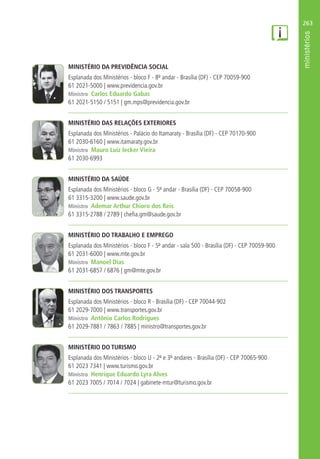 263
MINISTÉRIO DA PREVIDÊNCIA SOCIAL
Esplanada dos Ministérios - bloco F - 8º andar - Brasília (DF) - CEP 70059-900
61 2021-5000 | www.previdencia.gov.br
Ministro Carlos Eduardo Gabas
61 2021-5150 / 5151 | gm.mps@previdencia.gov.br
MINISTÉRIO DAS RELAÇÕES EXTERIORES
Esplanada dos Ministérios - Palácio do Itamaraty - Brasília (DF) - CEP 70170-900
61 2030-6160 | www.itamaraty.gov.br
Ministro Mauro Luiz Iecker Vieira
61 2030-6993
MINISTÉRIO DA SAÚDE
Esplanada dos Ministérios - bloco G - 5º andar - Brasília (DF) - CEP 70058-900
61 3315-3200 | www.saude.gov.br
Ministro Ademar Arthur Chioro dos Reis
61 3315-2788 / 2789 | chefia.gm@saude.gov.br
MINISTÉRIO DO TRABALHO E EMPREGO
Esplanada dos Ministérios - bloco F - 5º andar - sala 500 - Brasília (DF) - CEP 70059-900
61 2031-6000 | www.mte.gov.br
Ministro Manoel Dias
61 2031-6857 / 6876 | gm@mte.gov.br
MINISTÉRIO DOS TRANSPORTES
Esplanada dos Ministérios - bloco R - Brasília (DF) - CEP 70044-902
61 2029-7000 | www.transportes.gov.br
Ministro Antônio Carlos Rodrigues
61 2029-7881 / 7863 / 7885 | ministro@transportes.gov.br
MINISTÉRIO DO TURISMO
Esplanada dos Ministérios - bloco U - 2º e 3º andares - Brasília (DF) - CEP 70065-900
61 2023 7341 | www.turismo.gov.br
Ministro Henrique Eduardo Lyra Alves
61 2023 7005 / 7014 / 7024 | gabinete-mtur@turismo.gov.br
 