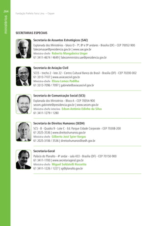 Fundação Prefeito Faria Lima – Cepam
264
SECRETARIAS ESPECIAIS
Secretaria de Assuntos Estratégicos (SAE)
Esplanada dos Ministérios - bloco O - 7º, 8º e 9º andares - Brasília (DF) - CEP 70052-900
falecomasae@presidencia.gov.br | www.sae.gov.br
Ministro-chefe Roberto Mangabeira Unger
61 3411-4674 / 4649 | falecomministro.sae@presidencia.gov.br
Secretaria de Aviação Civil
SCES - trecho 2 - lote 22 - Centro Cultural Banco do Brasil - Brasília (DF) - CEP 70200-002
61 3313-7107 | www.aviacaocivil.gov.br
Ministro-chefe Eliseu Lemos Padilha
61 3313-7096 / 7097 | gabinete@aviacaocivil.gov.br
Secretaria de Comunicação Social (SCS)
Esplanada dos Ministérios - Bloco A - CEP 70054-900
secom.gabinete@presidencia.gov.br | www.secom.gov.br
Ministro-chefe interino Edson Antônio Edinho da Silva
61 3411-1279 / 1280
Secretaria de Direitos Humanos (SEDH)
SCS - B - Quadra 9 - Lote C - Ed. Parque Cidade Corporate - CEP 70308-200
61 2025-3536 | www.direitoshumanos.gov.br
Ministra-chefe Gilberto José Spier Vargas
61 2025-3106 / 3536 | direitoshumanos@sedh.gov.br
Secretaria-Geral
Palácio do Planalto - 4º andar - sala 433 - Brasília (DF) - CEP 70150-900
61 3411-1700 | www.secretariageral.gov.br
Ministro-chefe Miguel Soldatelli Rossetto
61 3411-1226 / 1227 | sg@planalto.gov.br
 