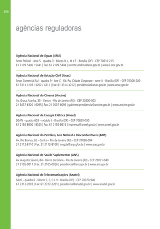 266
Agência Nacional de Águas (ANA)
Setor Policial - área 5 - quadra 3 - blocos B, L, M e T - Brasília (DF) - CEP 70610-215
61 2109-5400 / 5441 | Fax: 61 2109-5404 | vicente.andreu@ana.gov.br | www2.ana.gov.br
Agência Nacional de Aviação Civil (Anac)
Setor Comercial Sul - quadra 9 - lote C - Ed. Pq. Cidade Corporate - torre A - Brasília (DF) - CEP 70308-200
61 3314-4105 / 4202 / 4211 | Fax: 61 3314-4212 | presidencia@anac.gov.br | www.anac.gov.br
Agência Nacional do Cinema (Ancine)
Av. Graça Aranha, 35 - Centro - Rio de Janeiro (RJ) - CEP 20300-002
21 3037-6320 / 6095 | Fax: 21 3037-6095 | gabinete.presidencia@ancine.gov.br | www.ancine.gov.br
Agência Nacional de Energia Elétrica (Aneel)
SGAN - quadra 603 - módulo J - Brasília (DF) - CEP 70830-030
61 2192-8600 / 8020 | Fax: 61 2192-8615 | imprensa@aneel.gov.br | www.aneel.gov.br
Agência Nacional do Petróleo, Gás Natural e Biocombustíveis (ANP)
Av. Rio Branco, 65 - Centro - Rio de Janeiro (RJ) - CEP 20090-004
21 2112-8110 | Fax: 21 2112-8108 | magda@anp.gfov.br | www.anp.gov.br
Agência Nacional de Saúde Suplementar (ANS)
Av.Augusto Severo, 84 - Bairro da Glória - Rio de Janeiro (RJ) - CEP 20021-040
21 2105-0011 | Fax: 21 2105-0026 | presidencia@ans.gov.br | www.ans.gov.br
Agência Nacional de Telecomunicações (Anatel)
SAUS - quadra 6 - blocos C, E, F e H - Brasília (DF) - CEP 70070-940
61 2312-2003 | Fax: 61 2312-2201 | presidencia@anatel.gov.br | www.anatel.gov.br
 